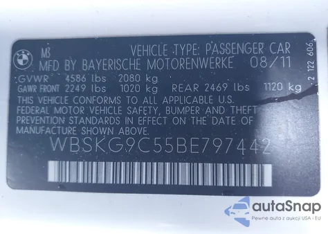 2011 BMW M3 z USA, uszkodzony, nr VIN WBSKG9C55BE797442